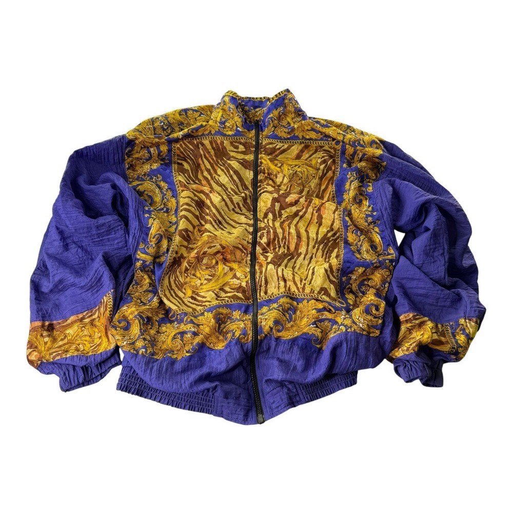 Vintage Thums-Up Baroque Tiger Print Windbreaker Jacket Purple Gold Men's Medium